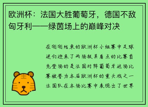 欧洲杯:法国大胜葡萄牙,德国不敌匈牙利——绿茵场上的巅峰对决 欧洲杯:法国大胜葡萄牙,德国不敌匈牙利——绿茵场上的巅峰对决
