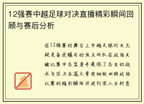 12强赛中越足球对决直播精彩瞬间回顾与赛后分析 12强赛中越足球对决直播精彩瞬间回顾与赛后分析